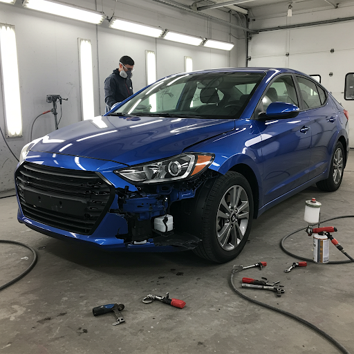 Blue sedan with its front bumper removed during collision repair